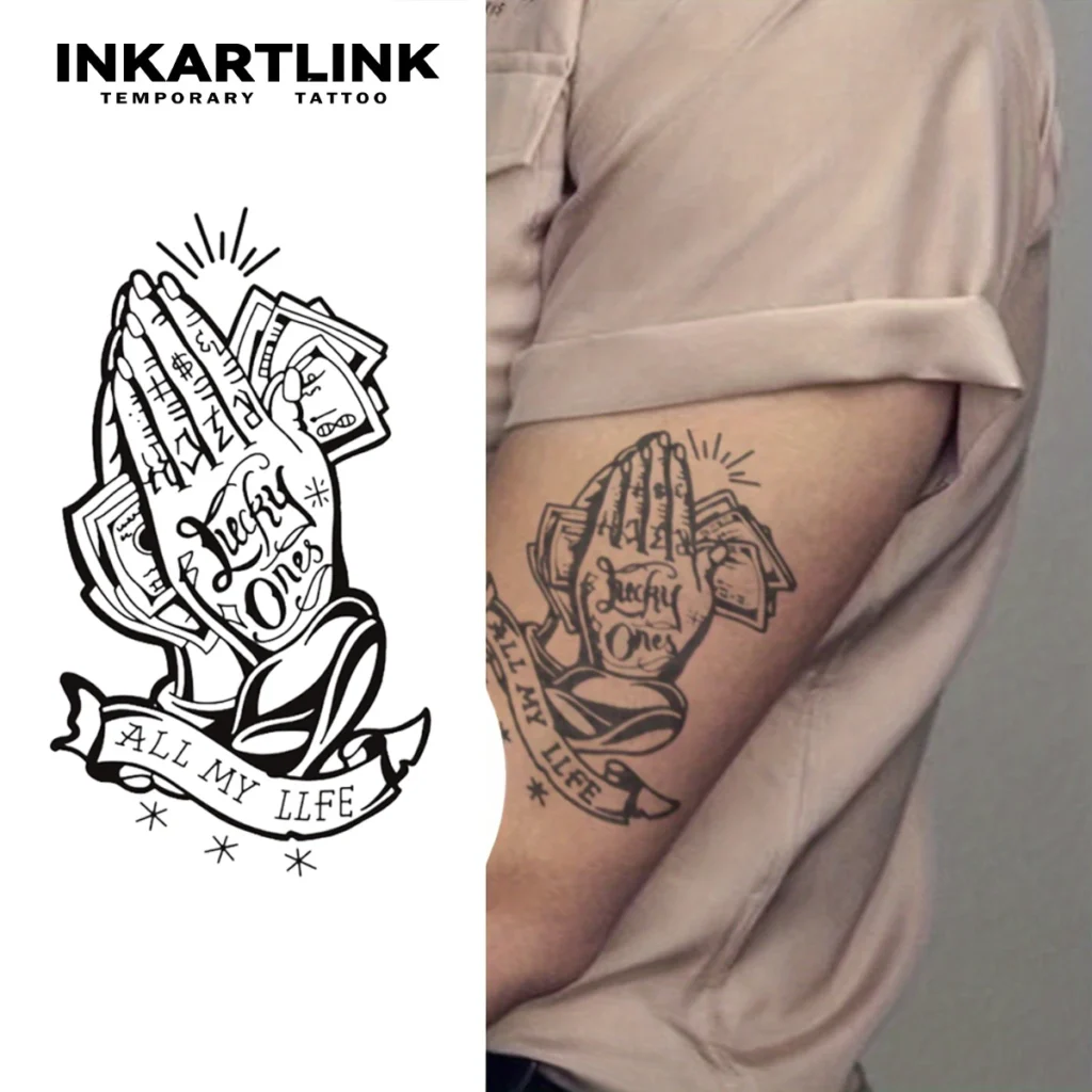 Tatouage temporaire religieux | Mains priant avec billets