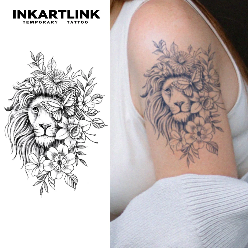 Tatouage temporaire floral | Lion et fleurs