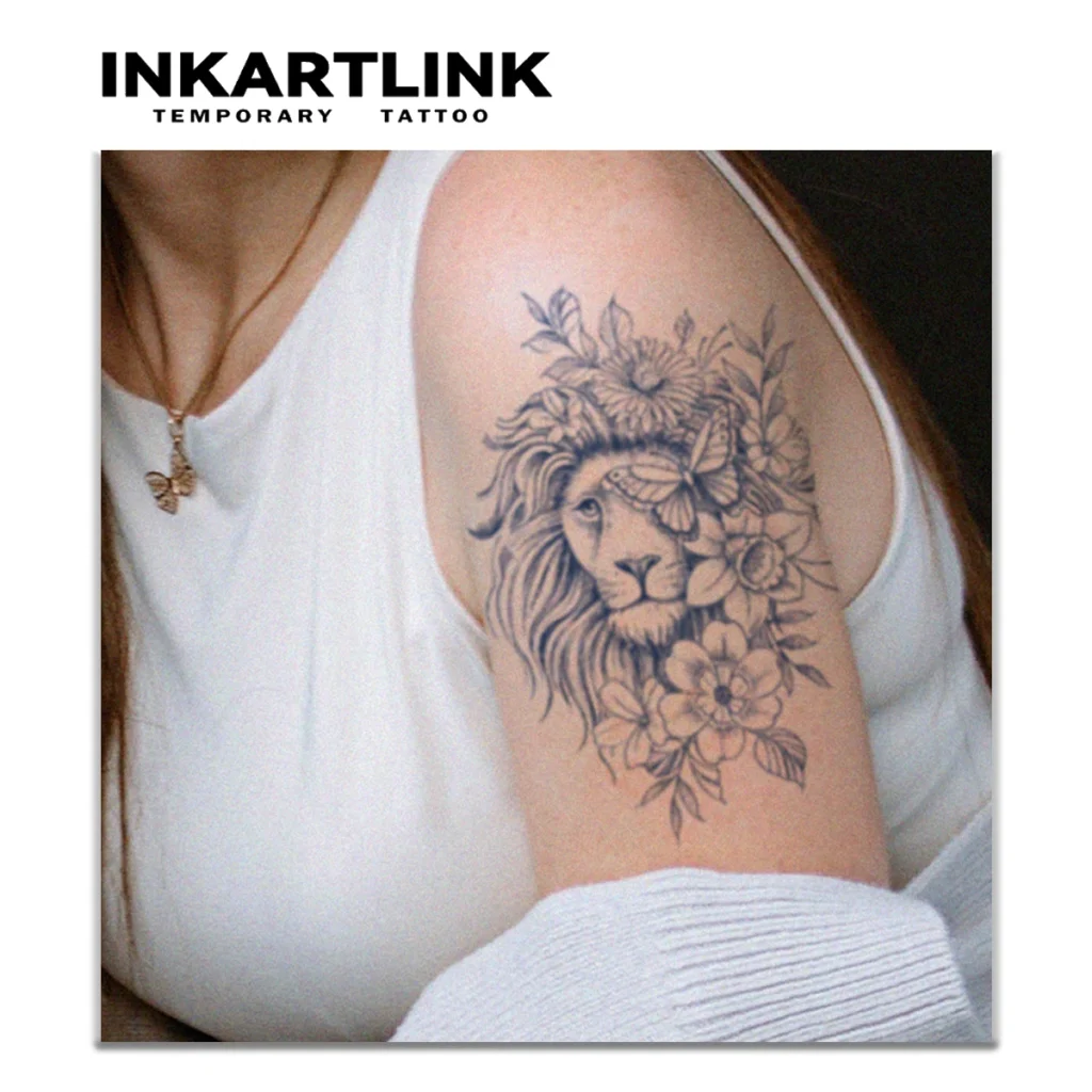 Tatouage temporaire floral | Lion et fleurs - 1