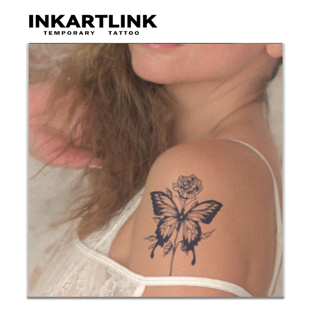 Tatouage temporaire floral | Papillon et rose - 1