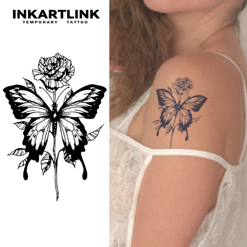 Tatouage temporaire floral | Papillon et rose