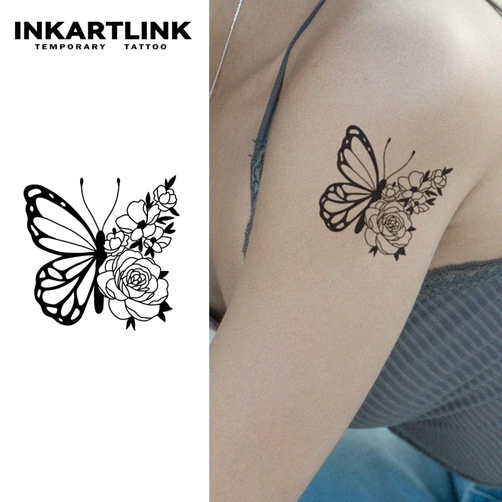 Tatouage temporaire floral | Papillon et roses