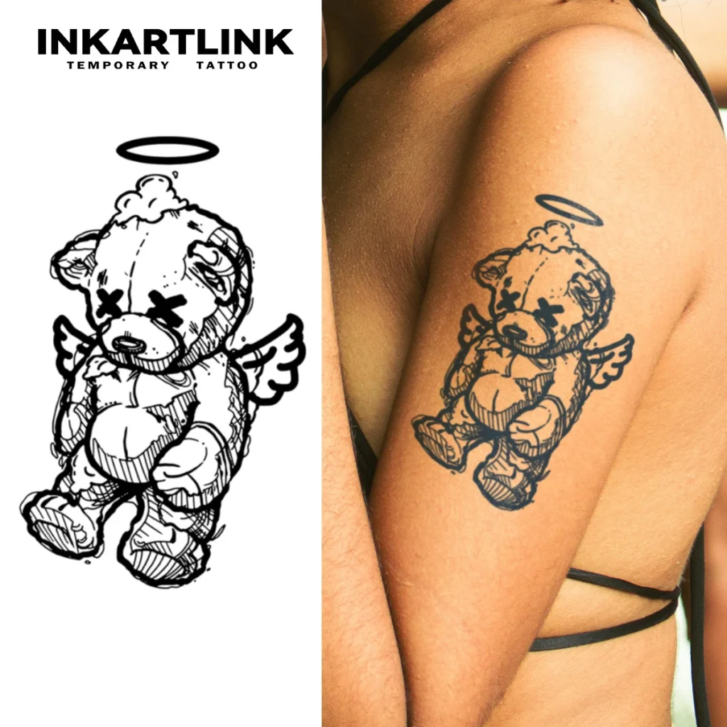 Tatouage temporaire mignon | Ours en peluche ailé